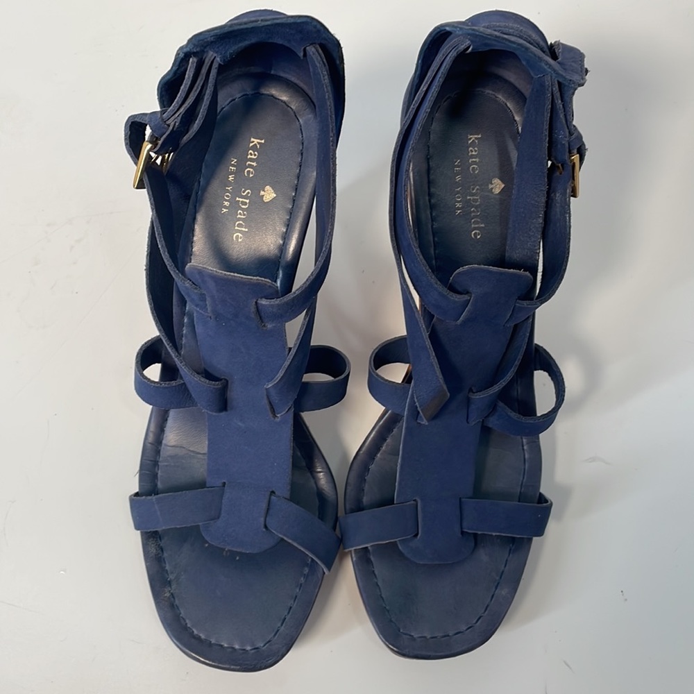 KATE SPADE Blue Suede Wedge Sandals Size 7 - Picture 13 of 14